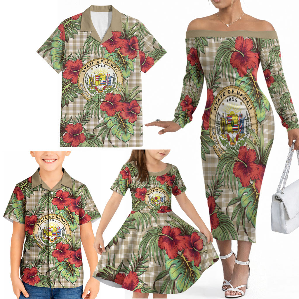 Vintage Hawaii Hibiscus Palaka Family Matching Off The Shoulder Long Sleeve Dress and Hawaiian Shirt Khaki Color LT19 - Polynesian Pride