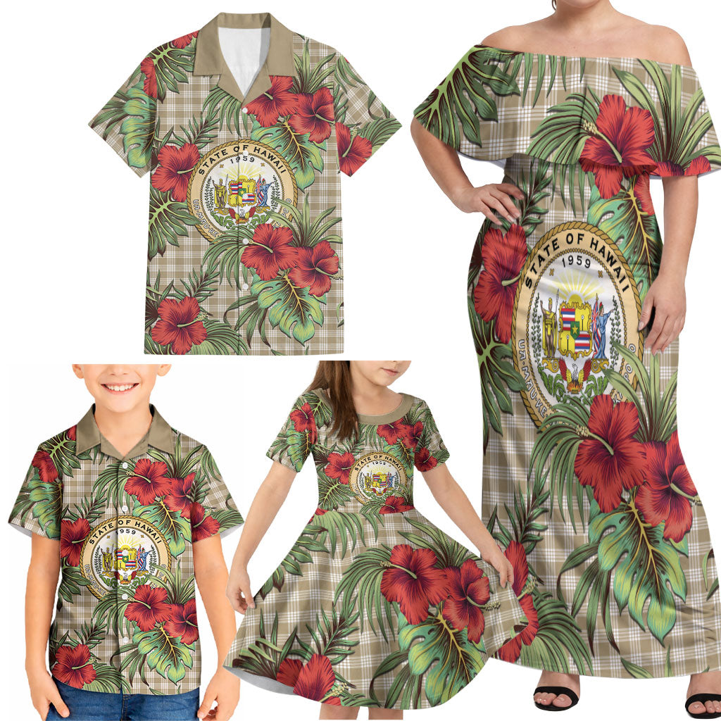 Vintage Hawaii Hibiscus Palaka Family Matching Off Shoulder Maxi Dress and Hawaiian Shirt Khaki Color LT19 - Polynesian Pride