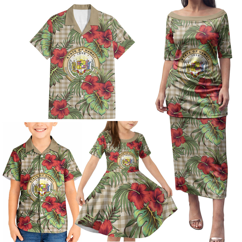 Vintage Hawaii Hibiscus Palaka Family Matching Puletasi and Hawaiian Shirt Khaki Color LT19 - Polynesian Pride