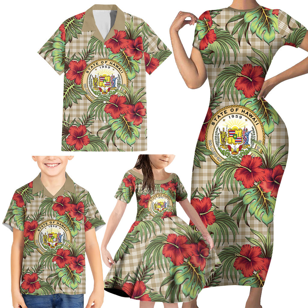 Vintage Hawaii Hibiscus Palaka Family Matching Short Sleeve Bodycon Dress and Hawaiian Shirt Khaki Color