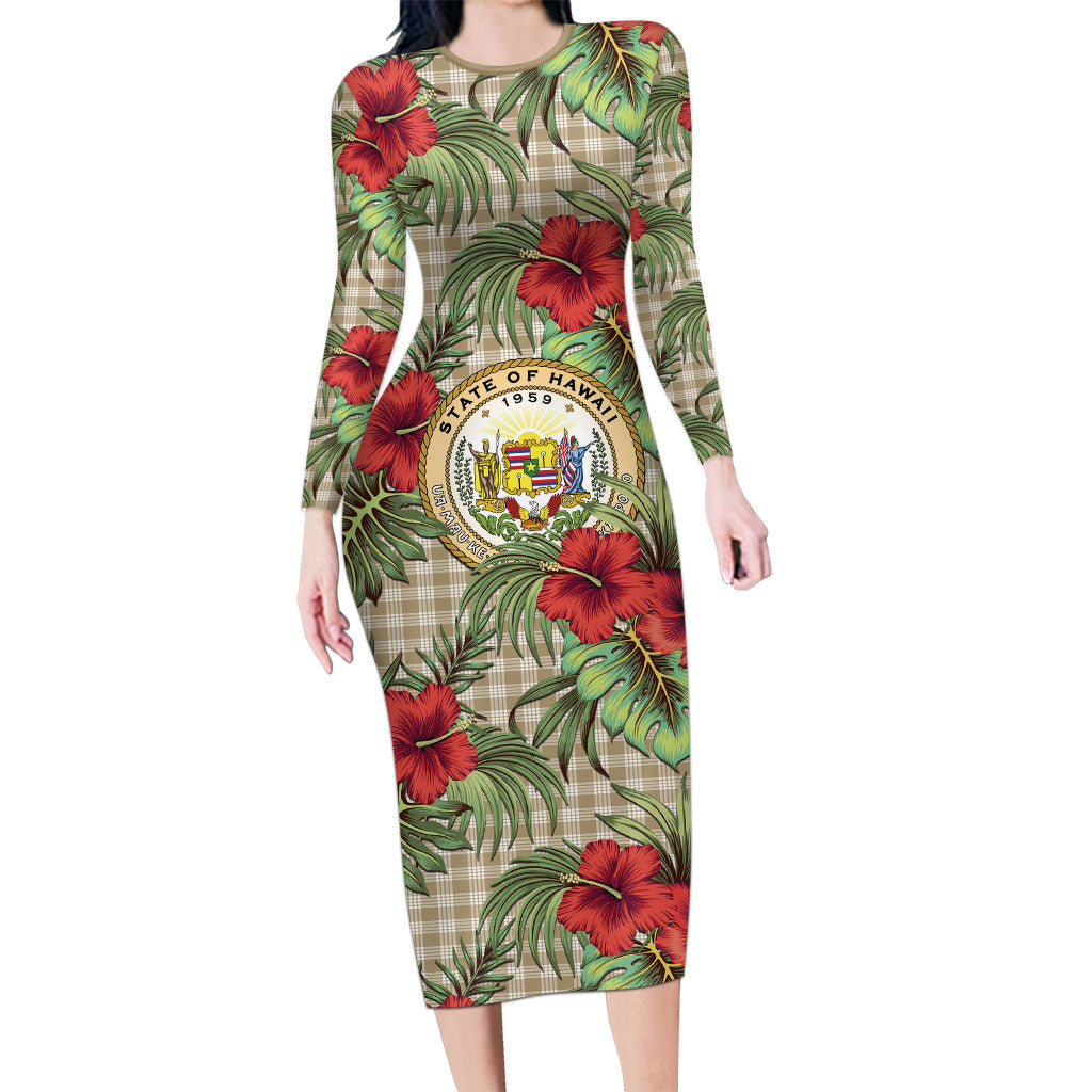 Vintage Hawaii Hibiscus Palaka Long Sleeve Bodycon Dress Khaki Color