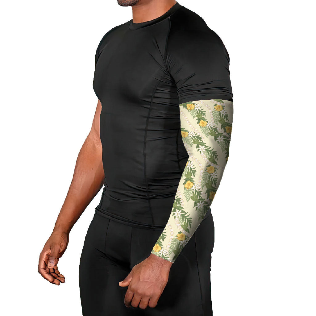 Hawaiian Pikake Maile Lei Arm Sleeves Tiare Hibiscus Kalo Palapalai Leaf Beige