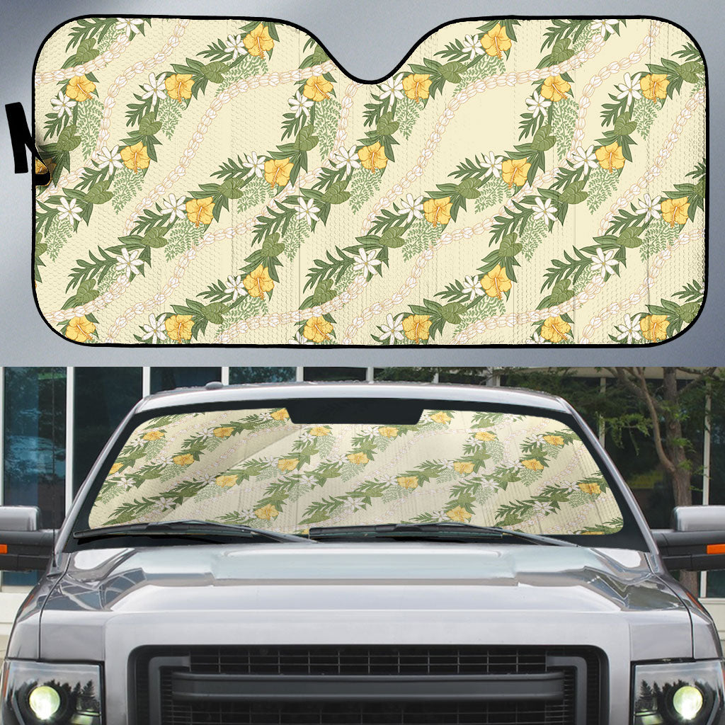 Hawaiian Pikake Maile Lei Auto Sun Shade Tiare Hibiscus Kalo Palapalai Leaf Beige