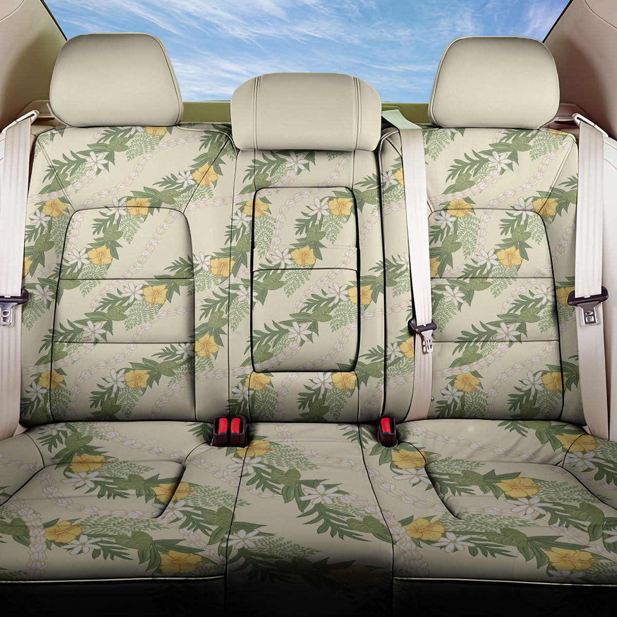Hawaiian Pikake Maile Lei Back Car Seat Cover Tiare Hibiscus Kalo Palapalai Leaf Beige