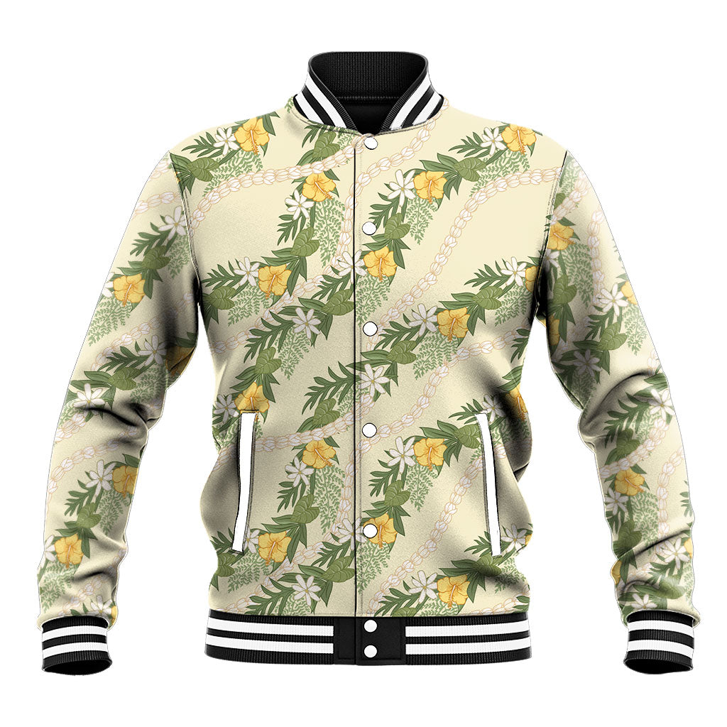 Hawaiian Pikake Maile Lei Baseball Jacket Tiare Hibiscus Kalo Palapalai Leaf Beige