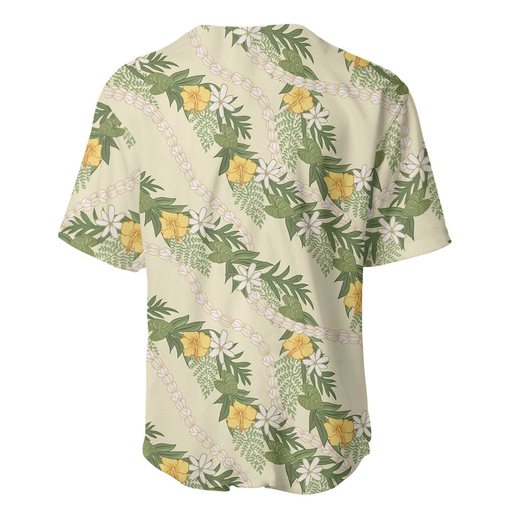 Hawaiian Pikake Maile Lei Baseball Jersey Tiare Hibiscus Kalo Palapalai Leaf Beige