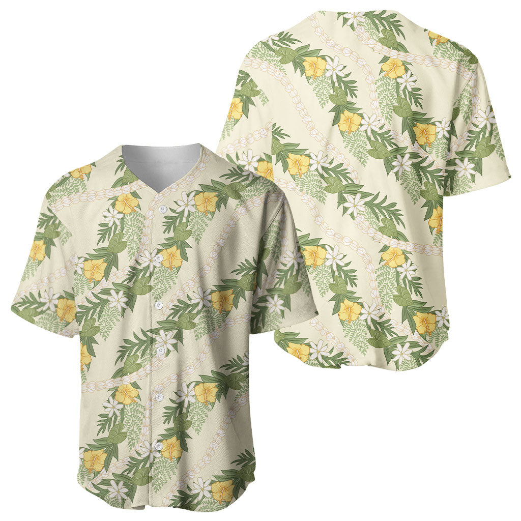 Hawaiian Pikake Maile Lei Baseball Jersey Tiare Hibiscus Kalo Palapalai Leaf Beige