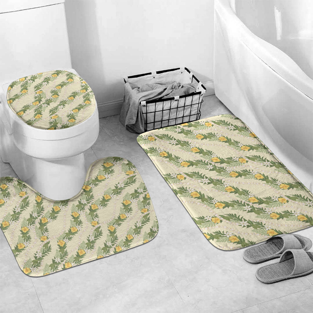 Hawaiian Pikake Maile Lei Bathroom Set Tiare Hibiscus Kalo Palapalai Leaf Beige