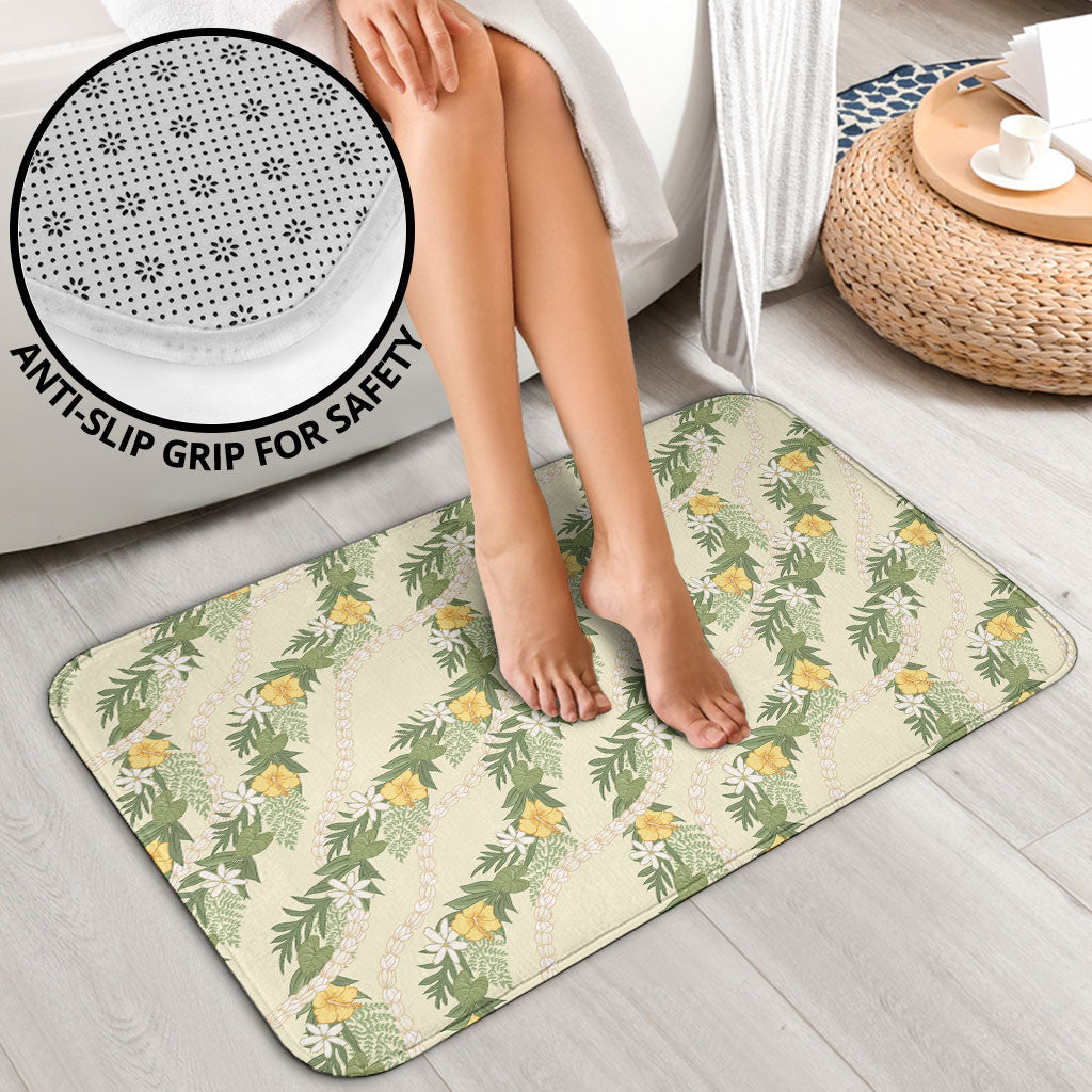 Hawaiian Pikake Maile Lei Bathroom Set Tiare Hibiscus Kalo Palapalai Leaf Beige