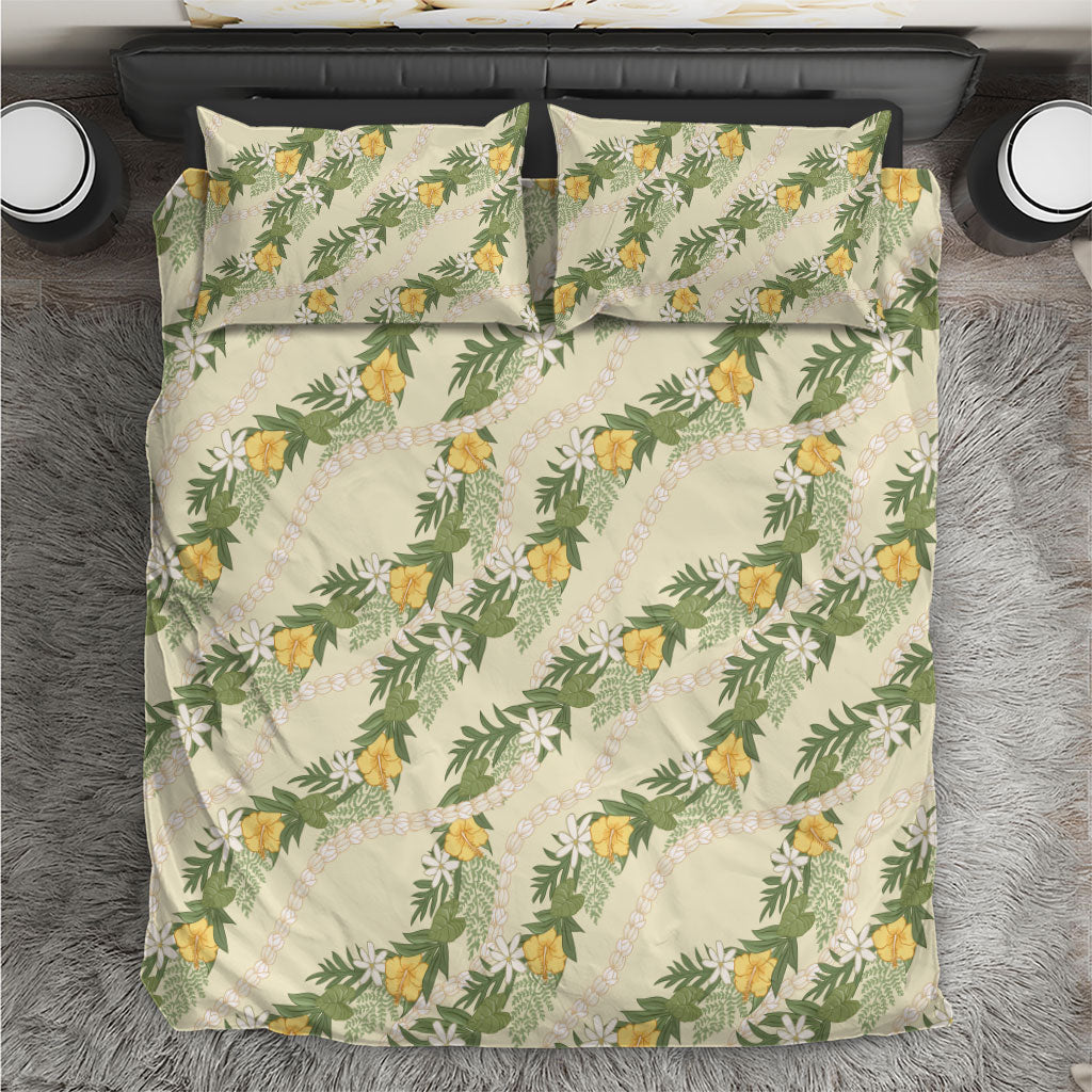 Hawaiian Pikake Maile Lei Bedding Set Tiare Hibiscus Kalo Palapalai Leaf Beige