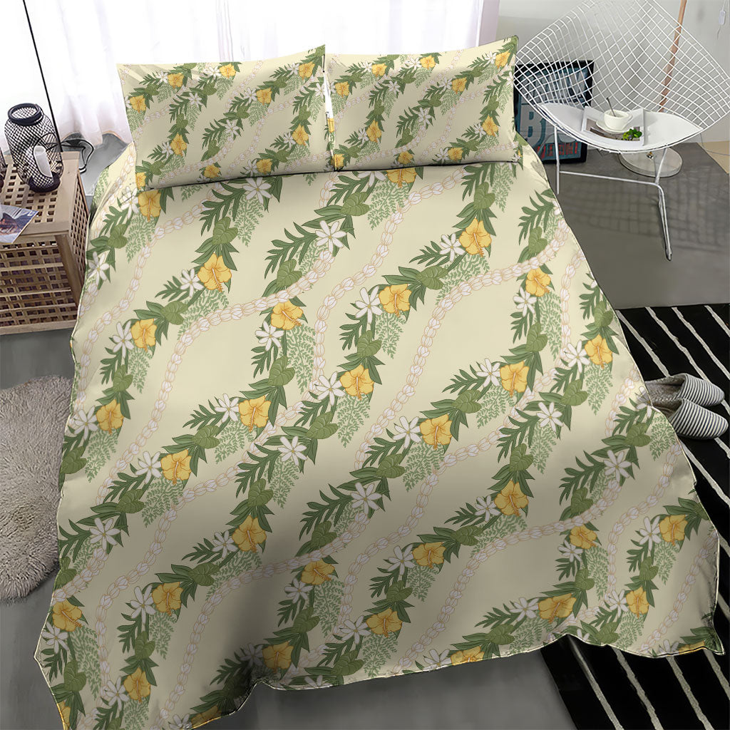 Hawaiian Pikake Maile Lei Bedding Set Tiare Hibiscus Kalo Palapalai Leaf Beige