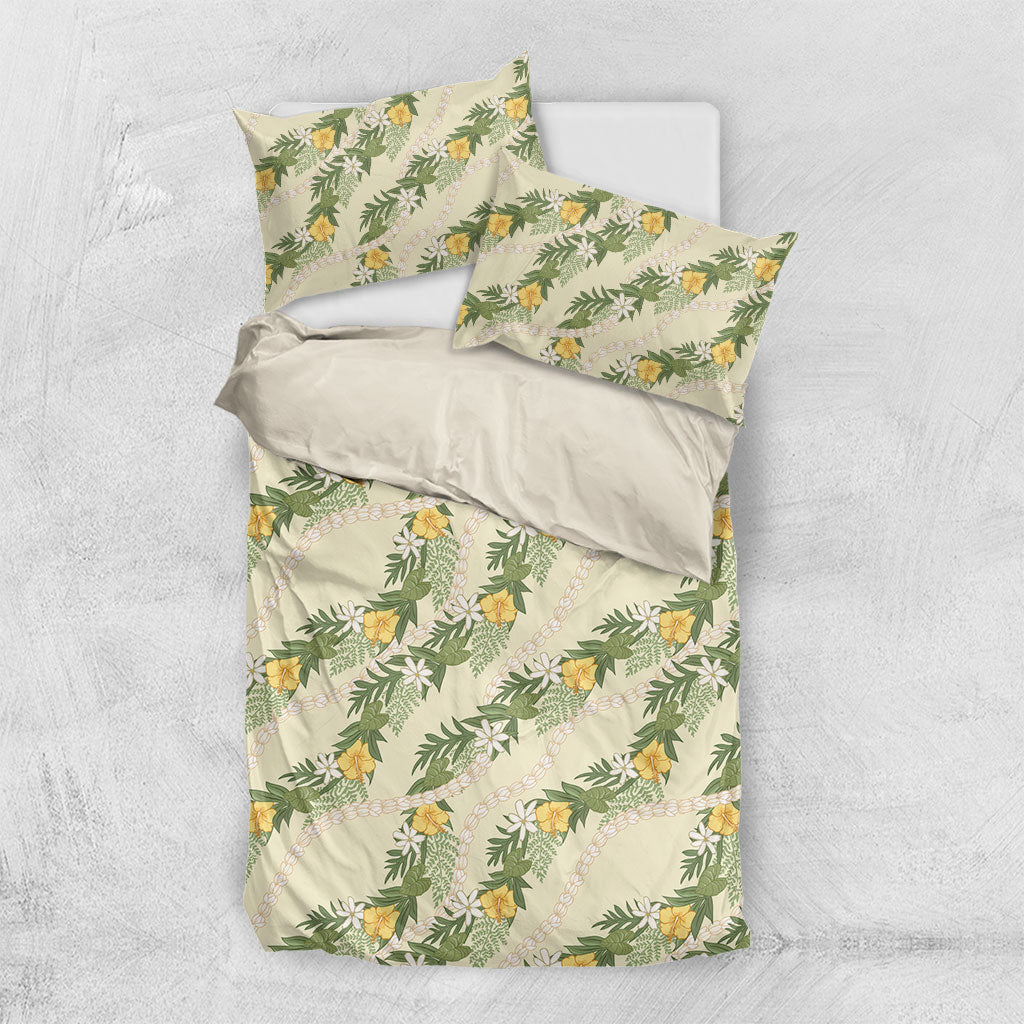 Hawaiian Pikake Maile Lei Bedding Set Tiare Hibiscus Kalo Palapalai Leaf Beige