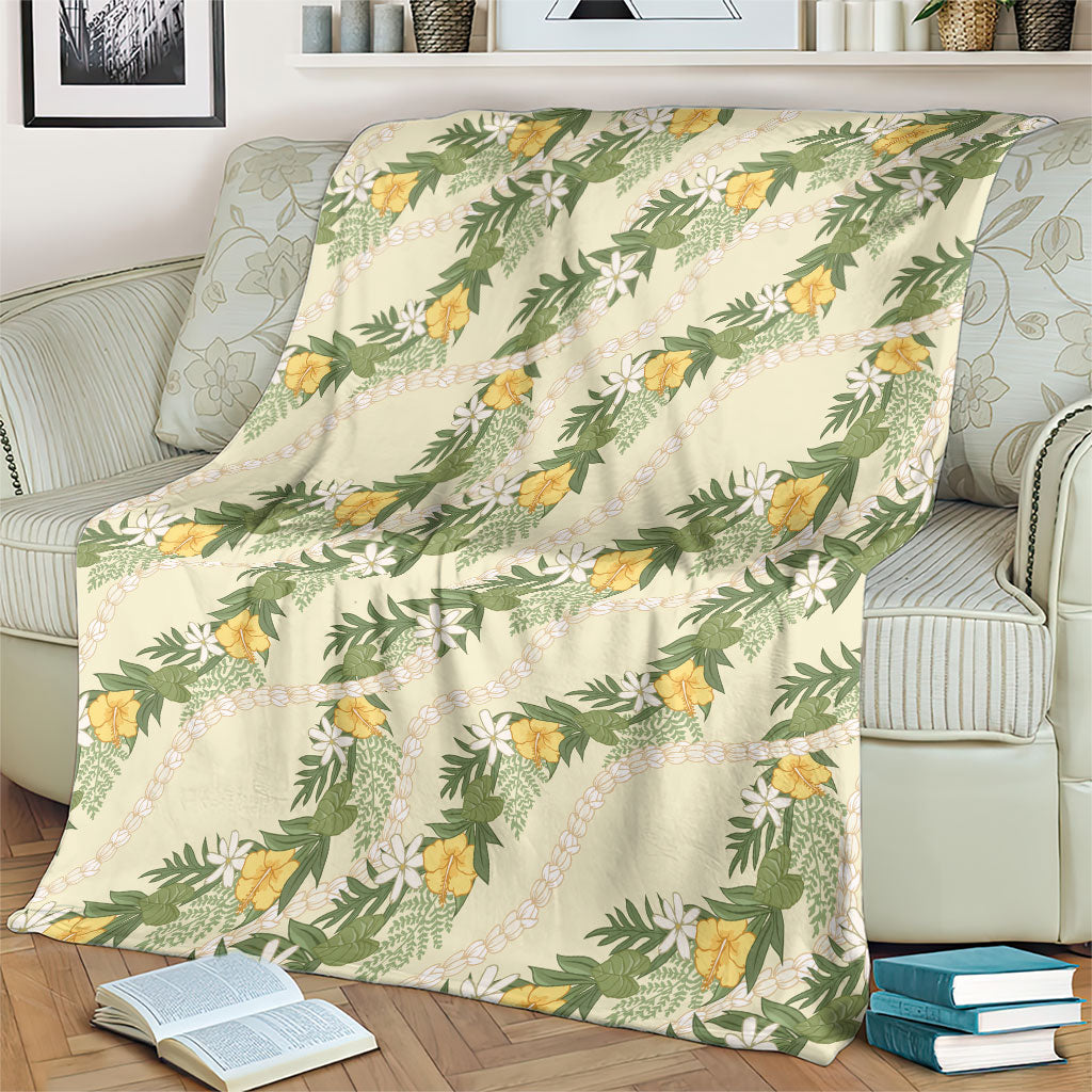 Hawaiian Pikake Maile Lei Blanket Tiare Hibiscus Kalo Palapalai Leaf Beige