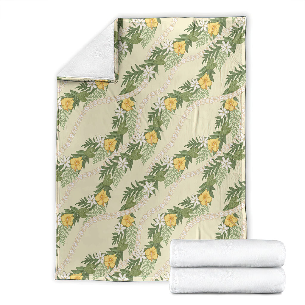 Hawaiian Pikake Maile Lei Blanket Tiare Hibiscus Kalo Palapalai Leaf Beige