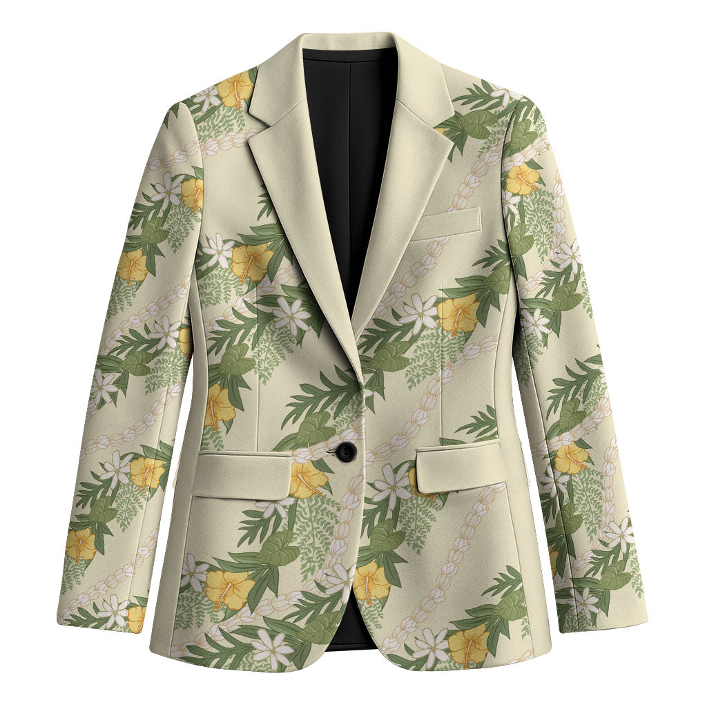 Hawaiian Pikake Maile Lei Blazer Tiare Hibiscus Kalo Palapalai Leaf Beige