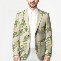 Hawaiian Pikake Maile Lei Blazer Tiare Hibiscus Kalo Palapalai Leaf Beige