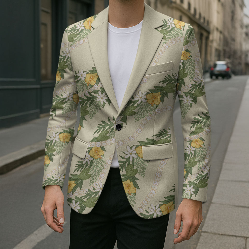 Hawaiian Pikake Maile Lei Blazer Tiare Hibiscus Kalo Palapalai Leaf Beige