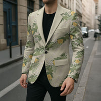 Hawaiian Pikake Maile Lei Blazer Tiare Hibiscus Kalo Palapalai Leaf Beige