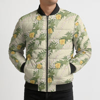 Hawaiian Pikake Maile Lei Bomber Puffer Jacket Tiare Hibiscus Kalo Palapalai Leaf Beige