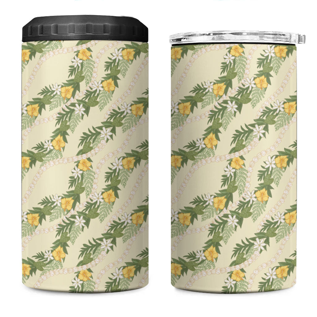 Hawaiian Pikake Maile Lei 4 in 1 Can Cooler Tumbler Tiare Hibiscus Kalo Palapalai Leaf Beige