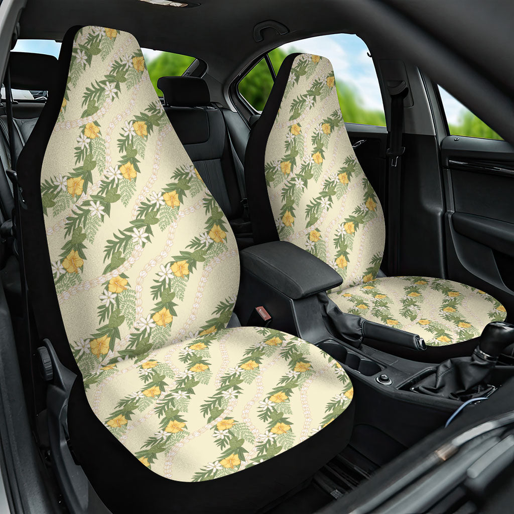 Hawaiian Pikake Maile Lei Car Seat Cover Tiare Hibiscus Kalo Palapalai Leaf Beige