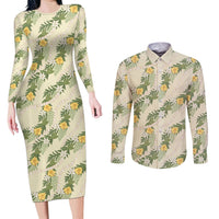 Hawaiian Pikake Maile Lei Couples Matching Long Sleeve Bodycon Dress and Long Sleeve Button Shirt Tiare Hibiscus Kalo Palapalai Leaf Beige LT19 Beige - Polynesian Pride