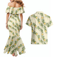 Hawaiian Pikake Maile Lei Couples Matching Mermaid Dress and Hawaiian Shirt Tiare Hibiscus Kalo Palapalai Leaf Beige LT19 - Polynesian Pride