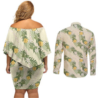 Hawaiian Pikake Maile Lei Couples Matching Off Shoulder Short Dress and Long Sleeve Button Shirt Tiare Hibiscus Kalo Palapalai Leaf Beige LT19 - Polynesian Pride