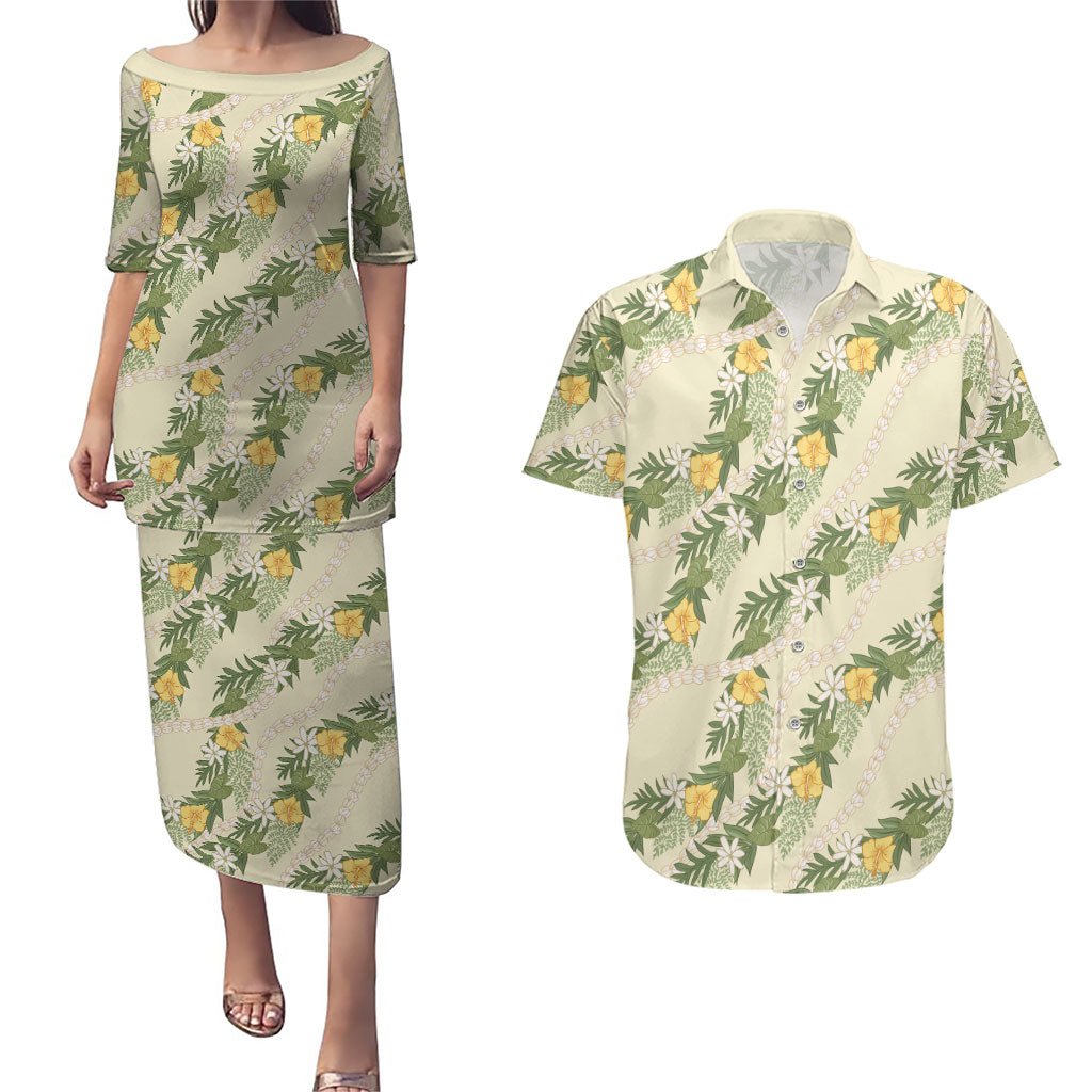 Hawaiian Pikake Maile Lei Couples Matching Puletasi and Hawaiian Shirt Tiare Hibiscus Kalo Palapalai Leaf Beige LT19 Beige - Polynesian Pride