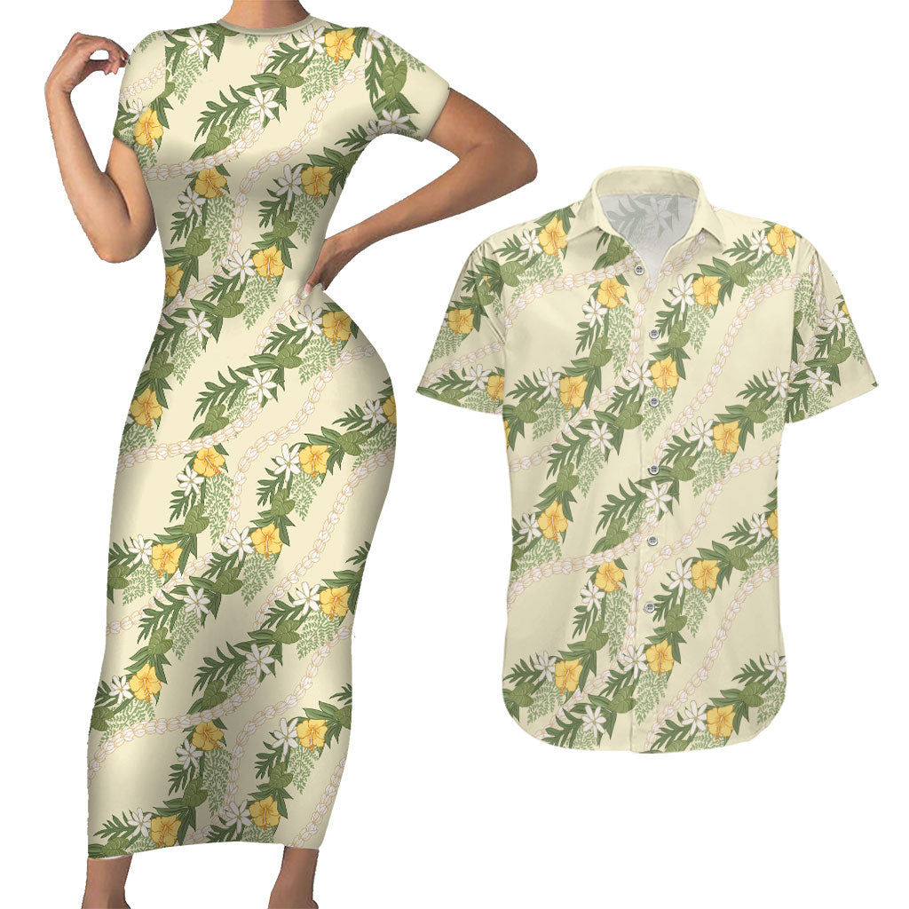 Hawaiian Pikake Maile Lei Couples Matching Short Sleeve Bodycon Dress and Hawaiian Shirt Tiare Hibiscus Kalo Palapalai Leaf Beige