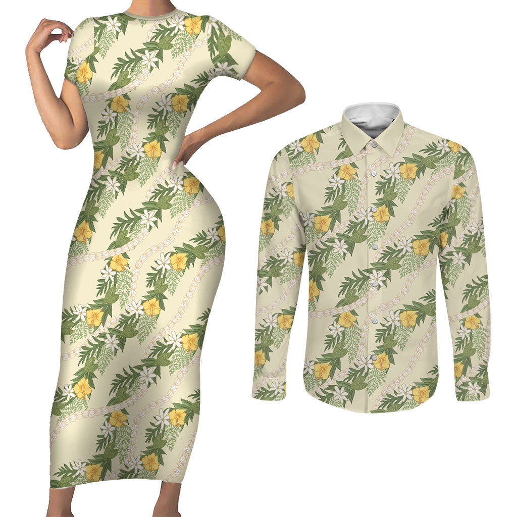 Hawaiian Pikake Maile Lei Couples Matching Short Sleeve Bodycon Dress and Long Sleeve Button Shirt Tiare Hibiscus Kalo Palapalai Leaf Beige LT19 Beige - Polynesian Pride