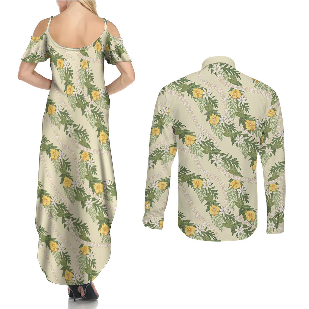 Hawaiian Pikake Maile Lei Couples Matching Summer Maxi Dress and Long Sleeve Button Shirt Tiare Hibiscus Kalo Palapalai Leaf Beige LT19 - Polynesian Pride
