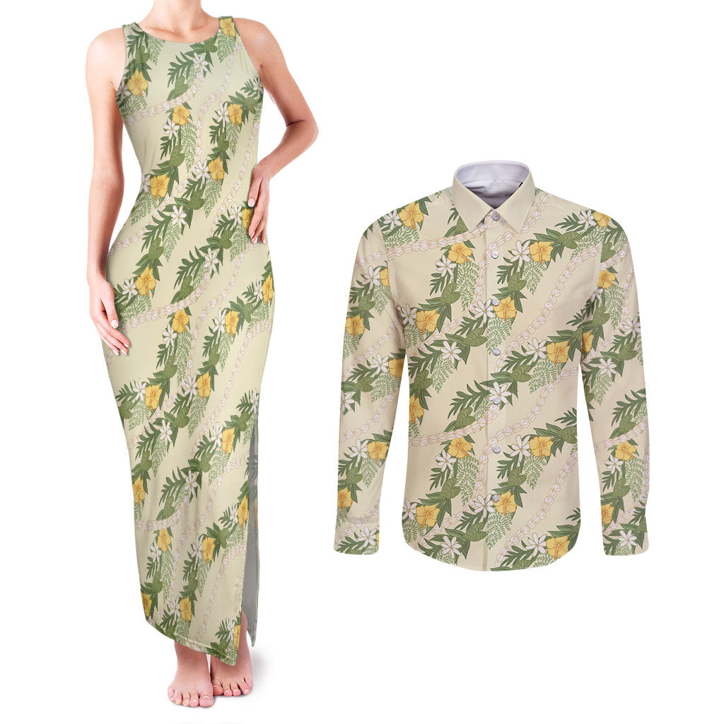 Hawaiian Pikake Maile Lei Couples Matching Tank Maxi Dress and Long Sleeve Button Shirt Tiare Hibiscus Kalo Palapalai Leaf Beige