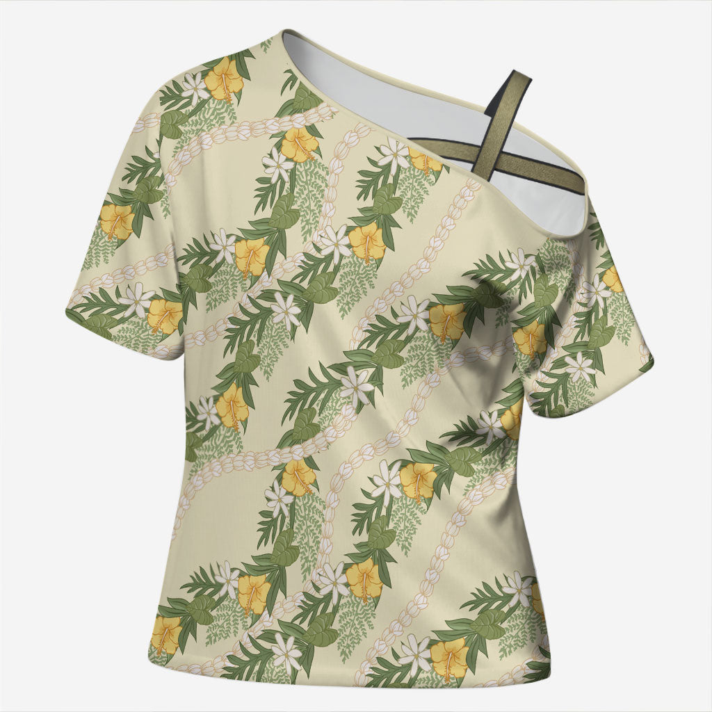 Hawaiian Pikake Maile Lei Cross Shoulder Shirt Tiare Hibiscus Kalo Palapalai Leaf Beige