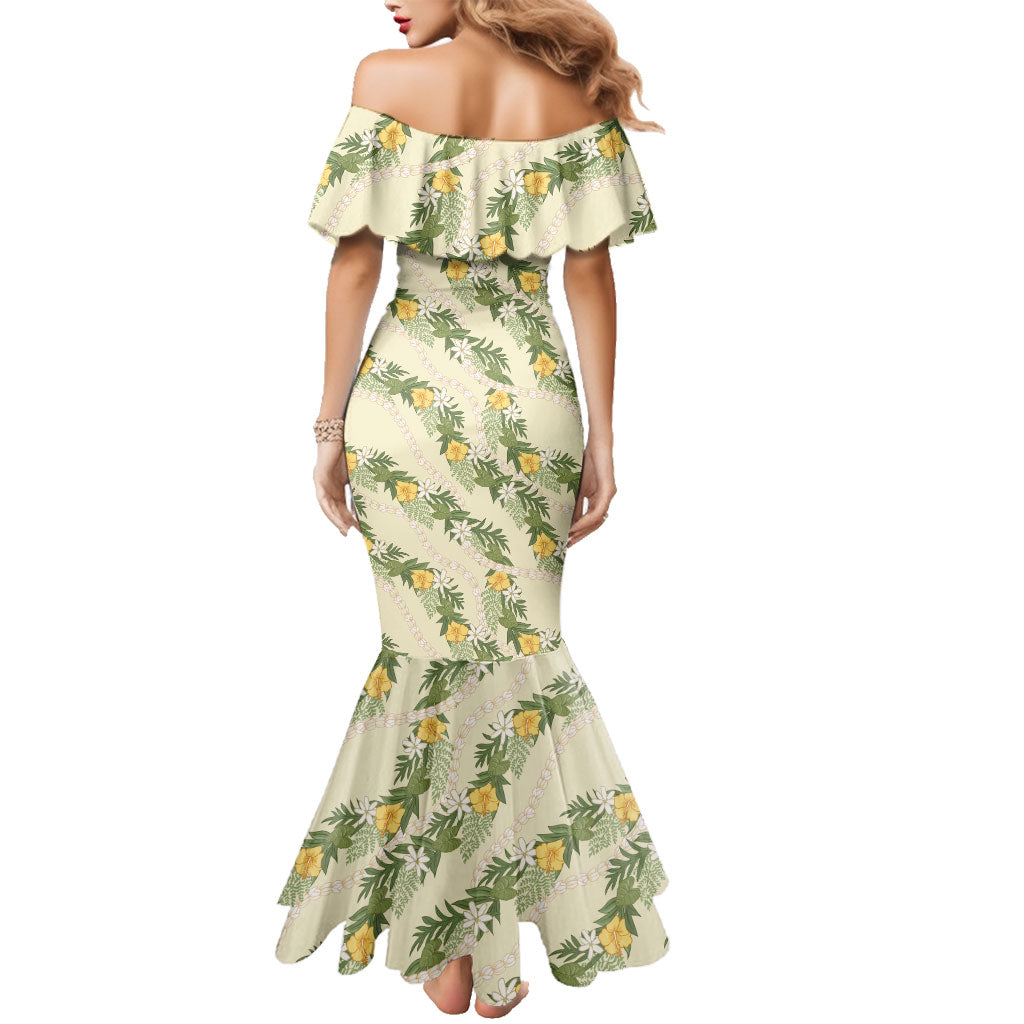 Hawaiian Pikake Maile Lei Family Matching Mermaid Dress and Hawaiian Shirt Tiare Hibiscus Kalo Palapalai Leaf Beige LT19 - Polynesian Pride