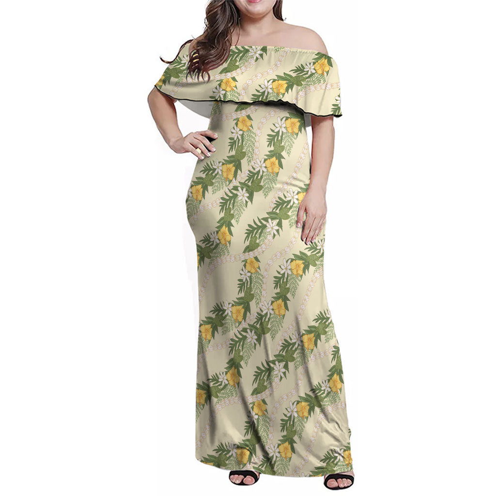 Hawaiian Pikake Maile Lei Family Matching Off Shoulder Maxi Dress and Hawaiian Shirt Tiare Hibiscus Kalo Palapalai Leaf Beige LT19 Mom's Dress Beige - Polynesian Pride