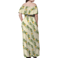 Hawaiian Pikake Maile Lei Family Matching Off Shoulder Maxi Dress and Hawaiian Shirt Tiare Hibiscus Kalo Palapalai Leaf Beige LT19 - Polynesian Pride