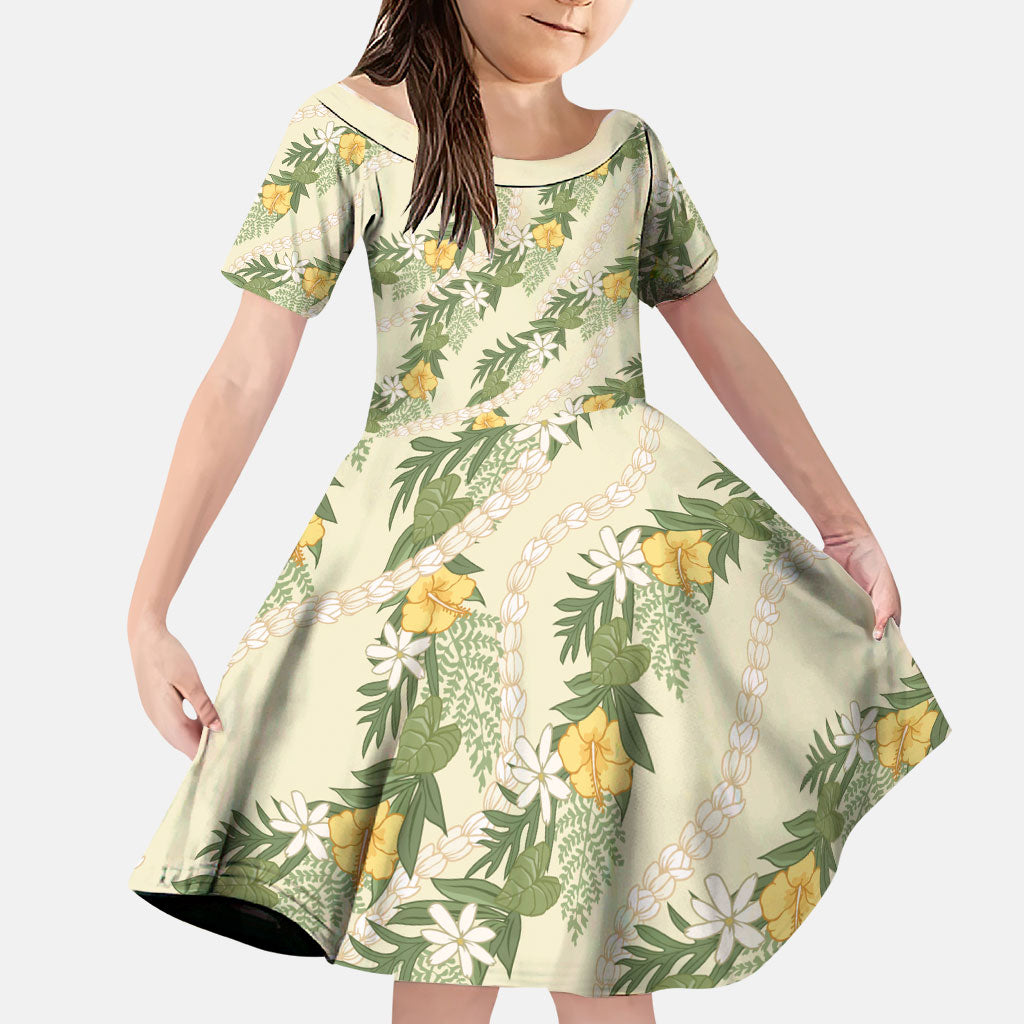 Hawaiian Pikake Maile Lei Family Matching Off Shoulder Short Dress and Hawaiian Shirt Tiare Hibiscus Kalo Palapalai Leaf Beige LT19 Daughter's Dress Beige - Polynesian Pride