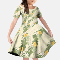 Hawaiian Pikake Maile Lei Family Matching Off Shoulder Short Dress and Hawaiian Shirt Tiare Hibiscus Kalo Palapalai Leaf Beige LT19 Daughter's Dress Beige - Polynesian Pride