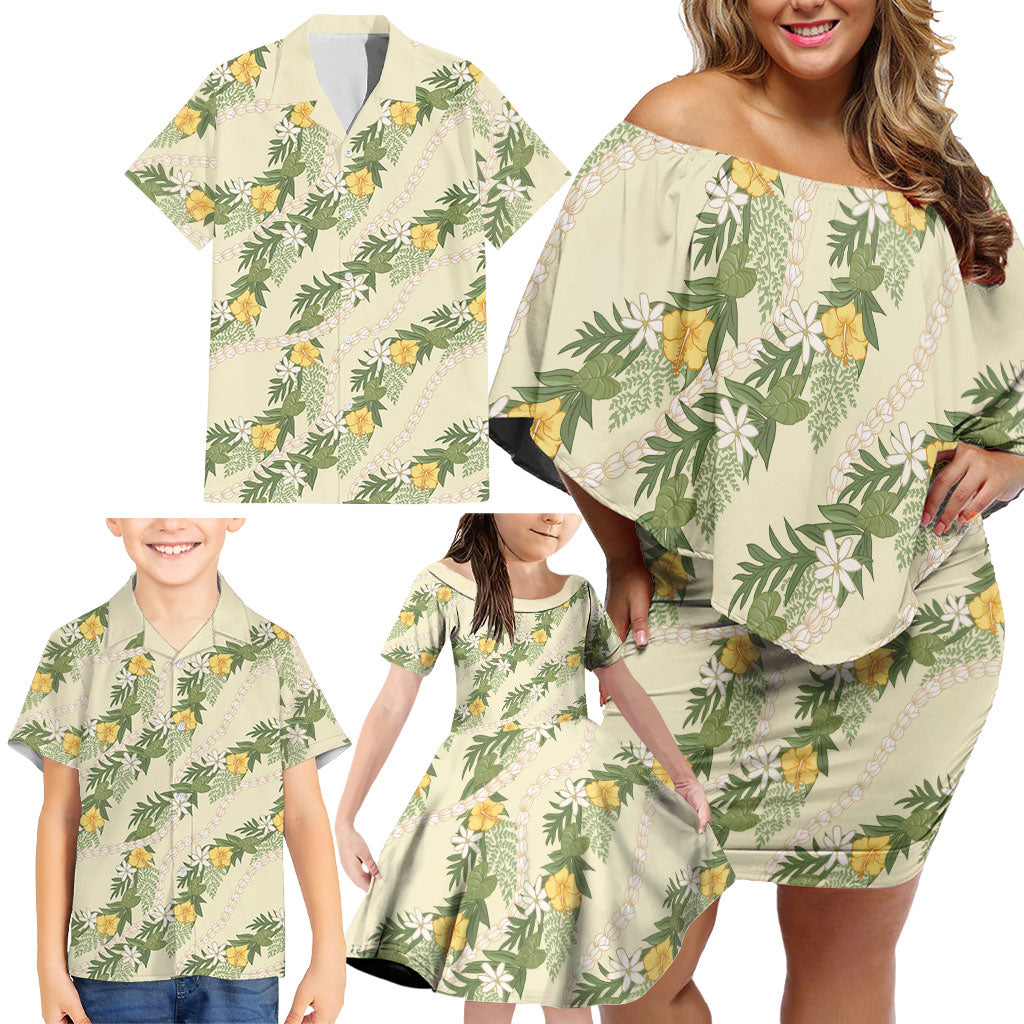 Hawaiian Pikake Maile Lei Family Matching Off Shoulder Short Dress and Hawaiian Shirt Tiare Hibiscus Kalo Palapalai Leaf Beige LT19 - Polynesian Pride