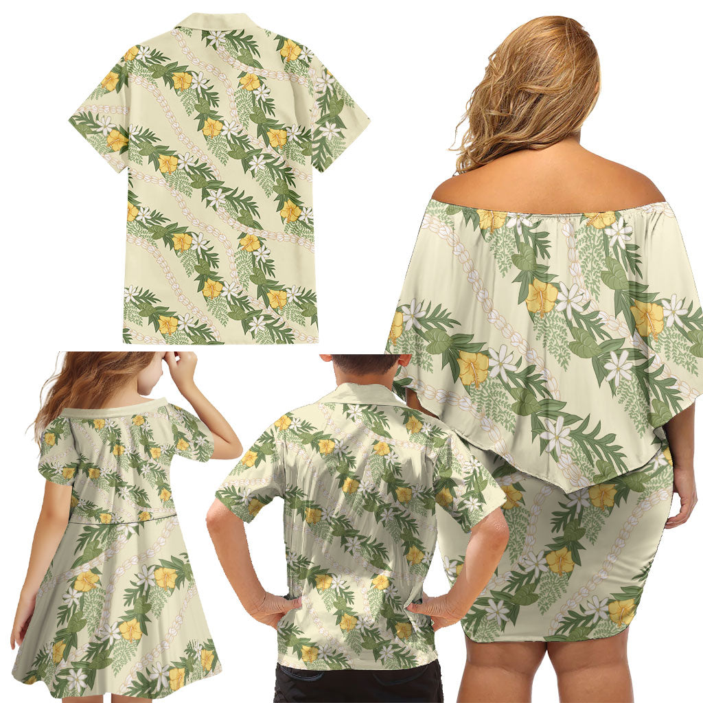 Hawaiian Pikake Maile Lei Family Matching Off Shoulder Short Dress and Hawaiian Shirt Tiare Hibiscus Kalo Palapalai Leaf Beige LT19 - Polynesian Pride
