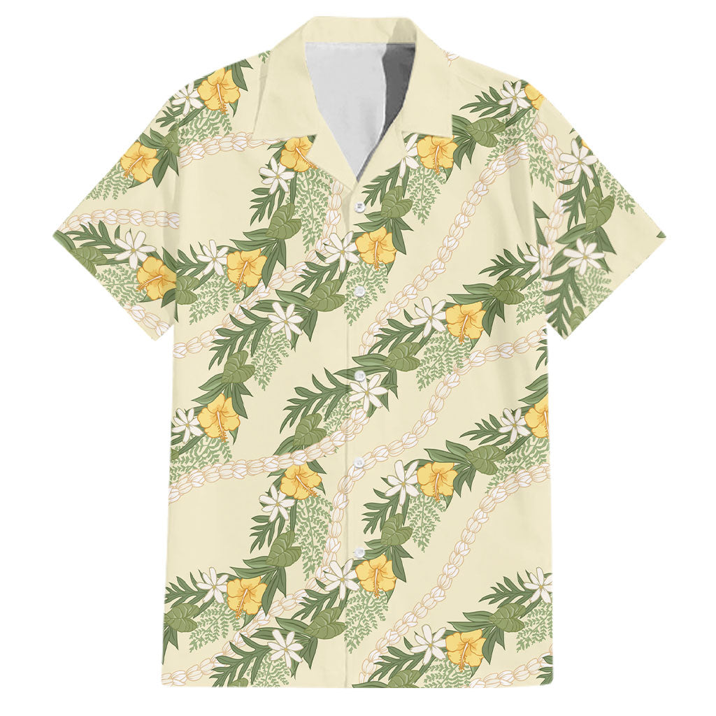 Hawaiian Pikake Maile Lei Family Matching Off Shoulder Short Dress and Hawaiian Shirt Tiare Hibiscus Kalo Palapalai Leaf Beige LT19 Dad's Shirt - Short Sleeve Beige - Polynesian Pride