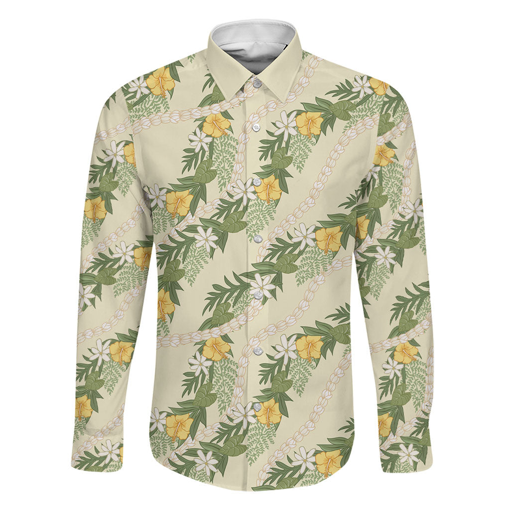 Hawaiian Pikake Maile Lei Family Matching Off Shoulder Short Dress and Hawaiian Shirt Tiare Hibiscus Kalo Palapalai Leaf Beige LT19 Dad's Shirt - Long Sleeve Beige - Polynesian Pride