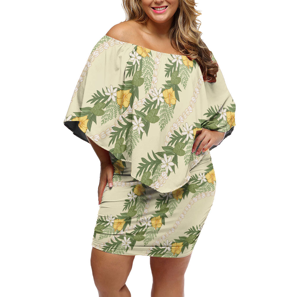 Hawaiian Pikake Maile Lei Family Matching Off Shoulder Short Dress and Hawaiian Shirt Tiare Hibiscus Kalo Palapalai Leaf Beige LT19 Mom's Dress Beige - Polynesian Pride