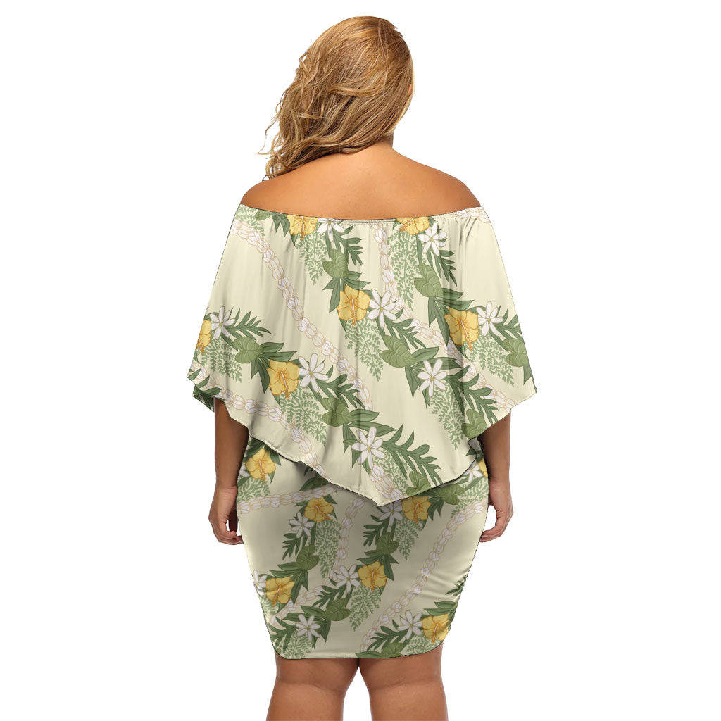 Hawaiian Pikake Maile Lei Family Matching Off Shoulder Short Dress and Hawaiian Shirt Tiare Hibiscus Kalo Palapalai Leaf Beige LT19 - Polynesian Pride