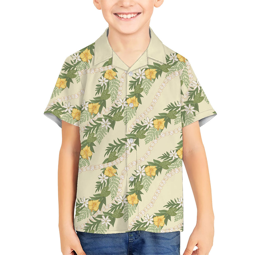 Hawaiian Pikake Maile Lei Family Matching Off Shoulder Short Dress and Hawaiian Shirt Tiare Hibiscus Kalo Palapalai Leaf Beige LT19 Son's Shirt Beige - Polynesian Pride