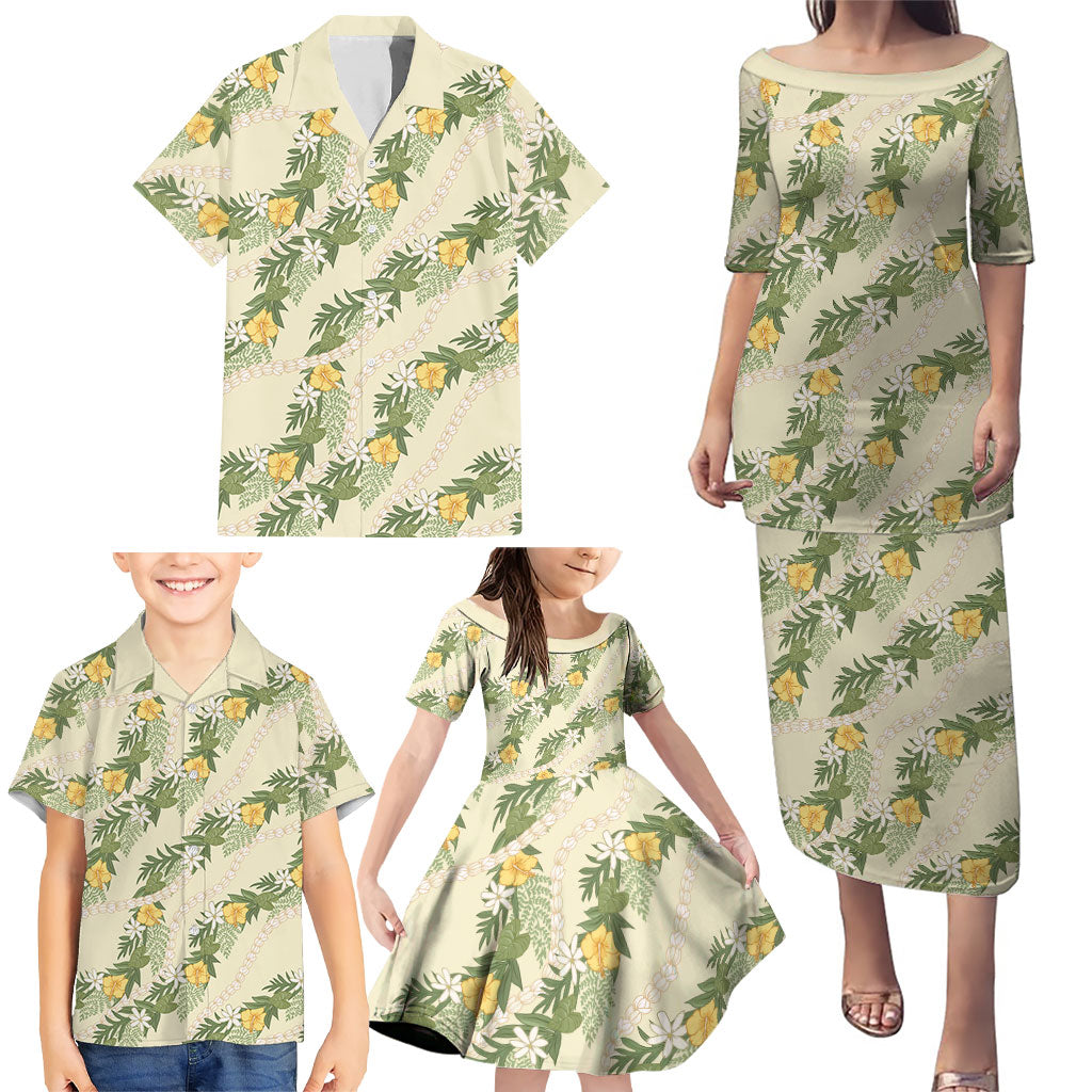 Hawaiian Pikake Maile Lei Family Matching Puletasi and Hawaiian Shirt Tiare Hibiscus Kalo Palapalai Leaf Beige LT19 - Polynesian Pride
