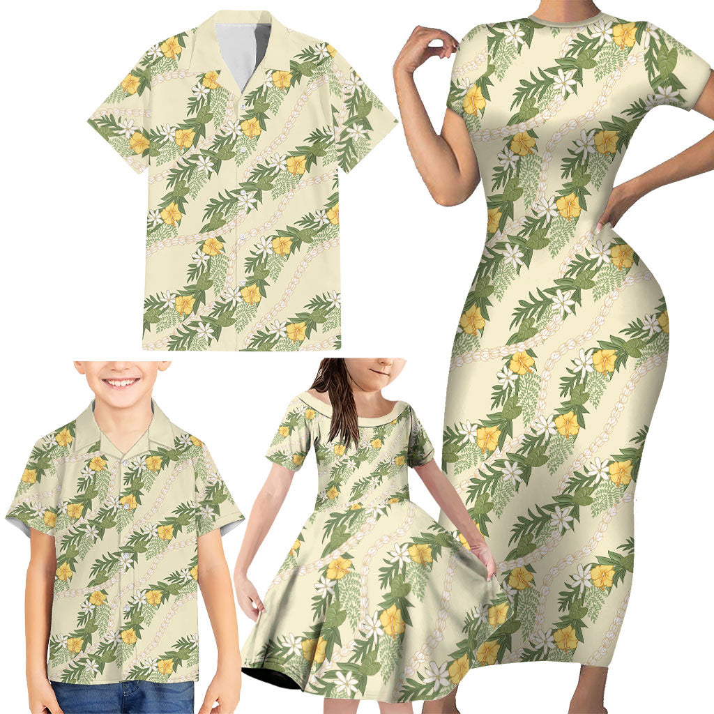 Hawaiian Pikake Maile Lei Family Matching Short Sleeve Bodycon Dress and Hawaiian Shirt Tiare Hibiscus Kalo Palapalai Leaf Beige