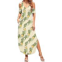 Hawaiian Pikake Maile Lei Family Matching Summer Maxi Dress and Hawaiian Shirt Tiare Hibiscus Kalo Palapalai Leaf Beige LT19 Mom's Dress Beige - Polynesian Pride
