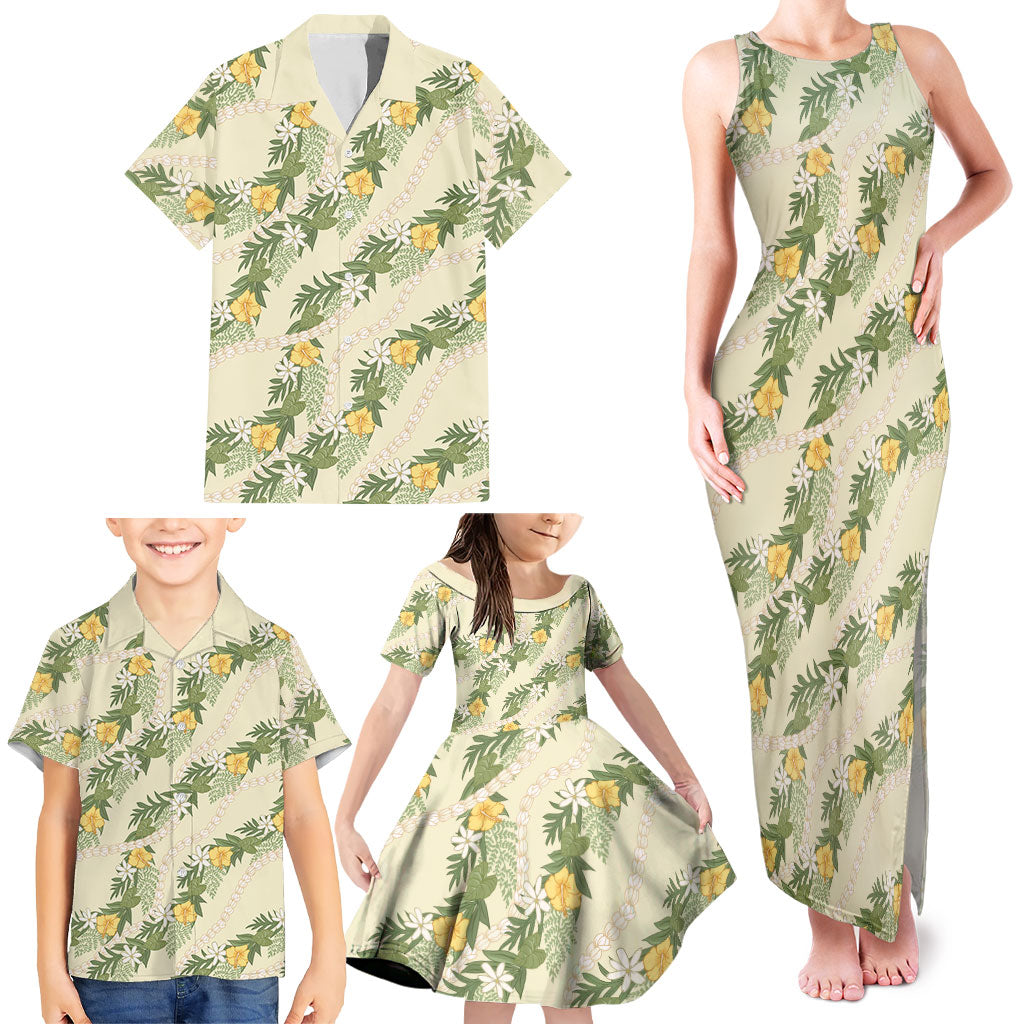 Hawaiian Pikake Maile Lei Family Matching Tank Maxi Dress and Hawaiian Shirt Tiare Hibiscus Kalo Palapalai Leaf Beige LT19 - Polynesian Pride